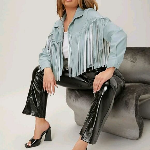 Drop Shoulder Fringe Trim PU Leather Crop Jacket - Picture 5 of 7